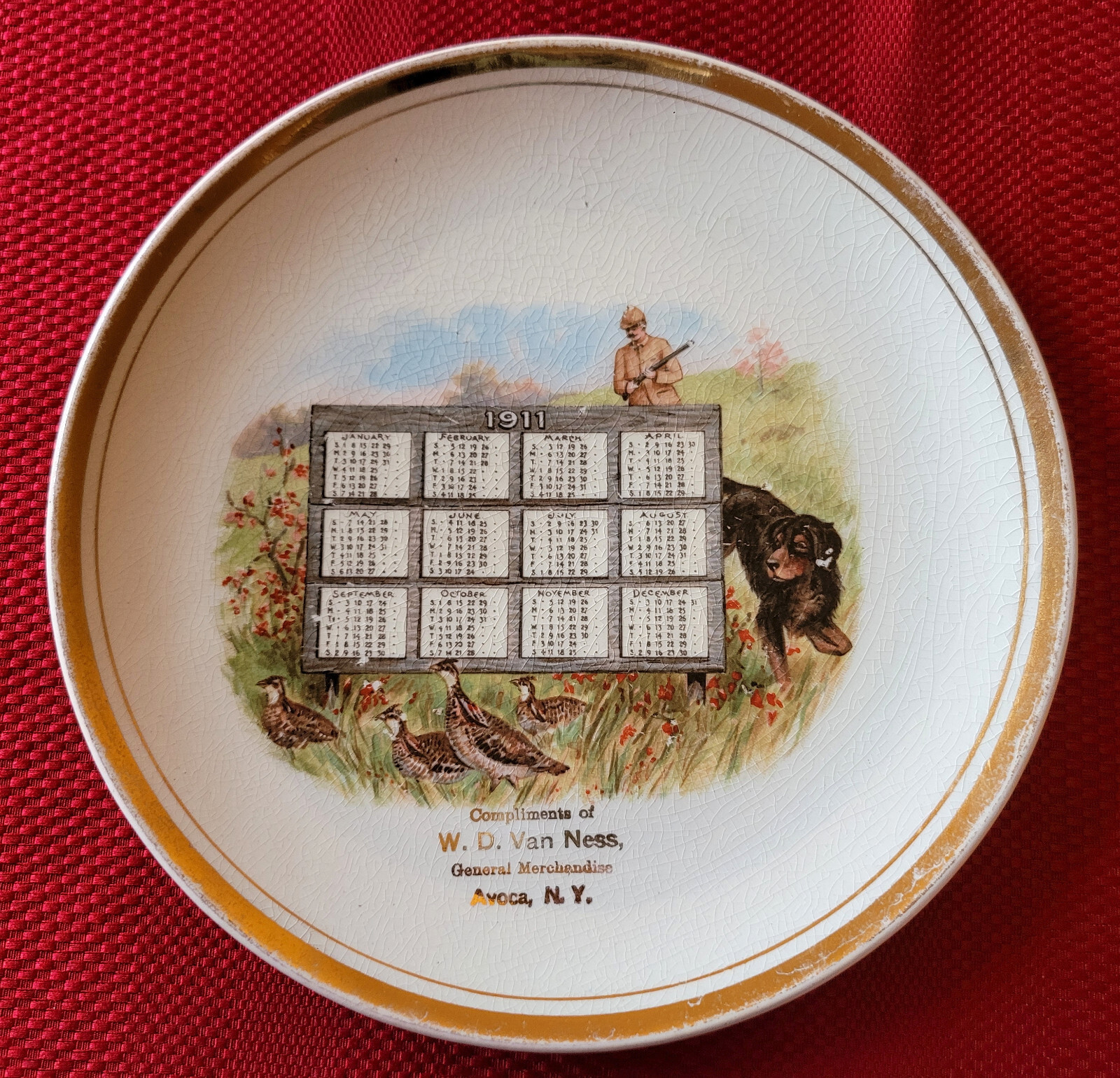 RARE 1911 *AVOCA, NY* Souvenir CALENDAR PLATE W. D. Van Ness General Merchandise