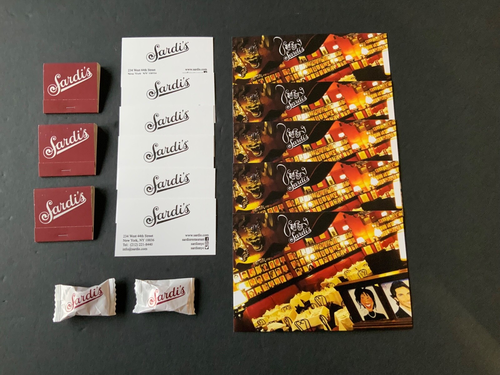 Sardi’s Restaurant NYC Postcards (5) Matchbooks (3)Business cards (6) Mints(2)