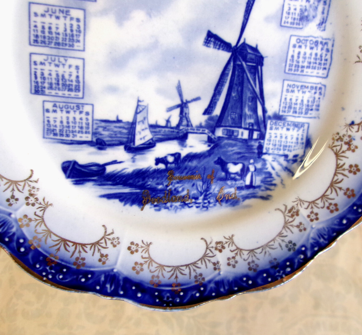 Souvenir 1911 Porcelain Antique Calendar Plate Goodland Indiana Windmill Scene