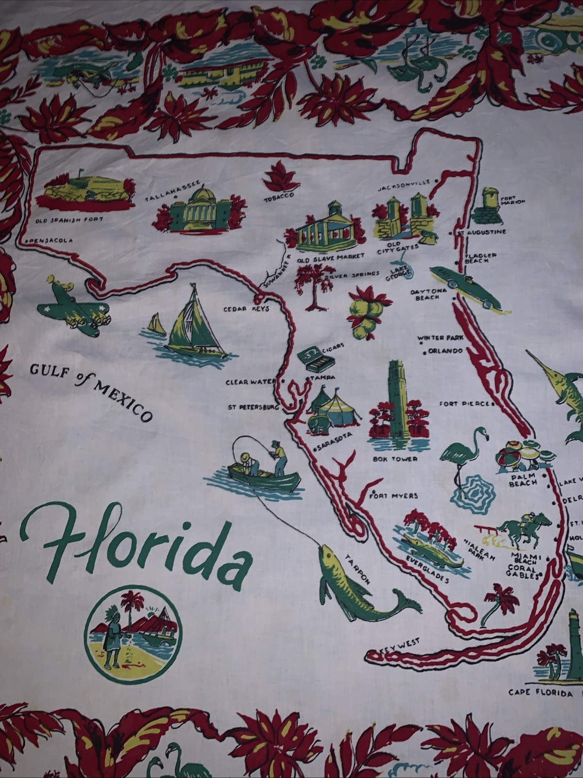 Florida Map Tablecloth 1950s 48 x 50″ Bright Colors Vintage Pre Disney Startex