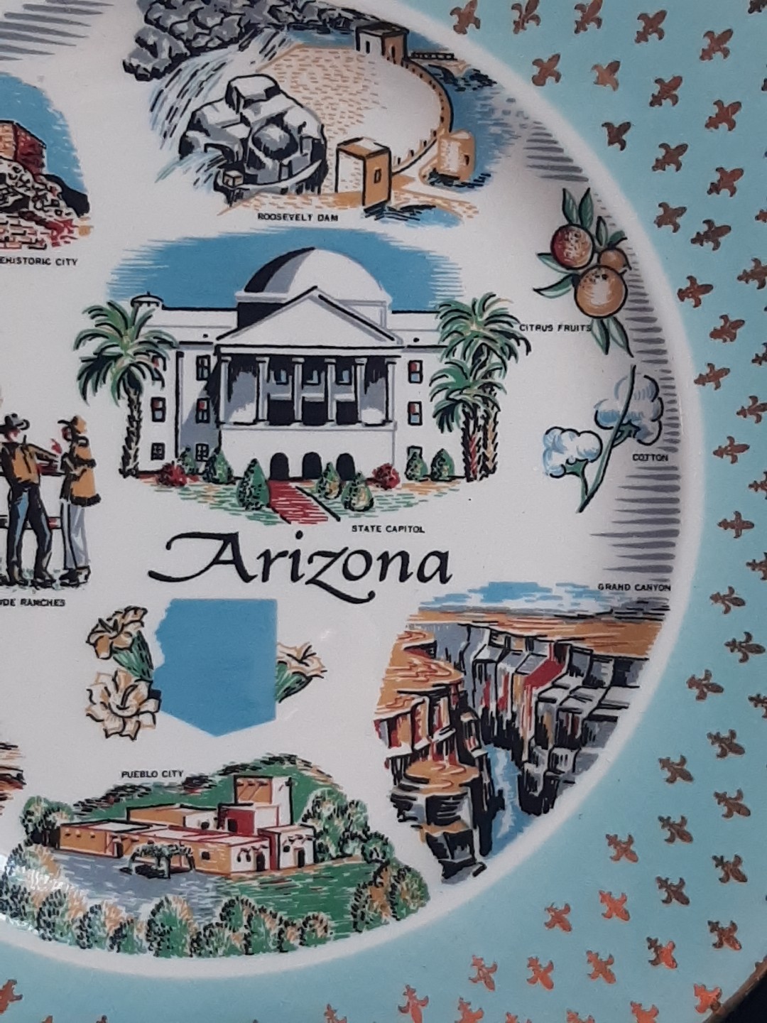 Vtg MCM Mid Century State of Arizona Collectible Square Souvenir Plate Teal