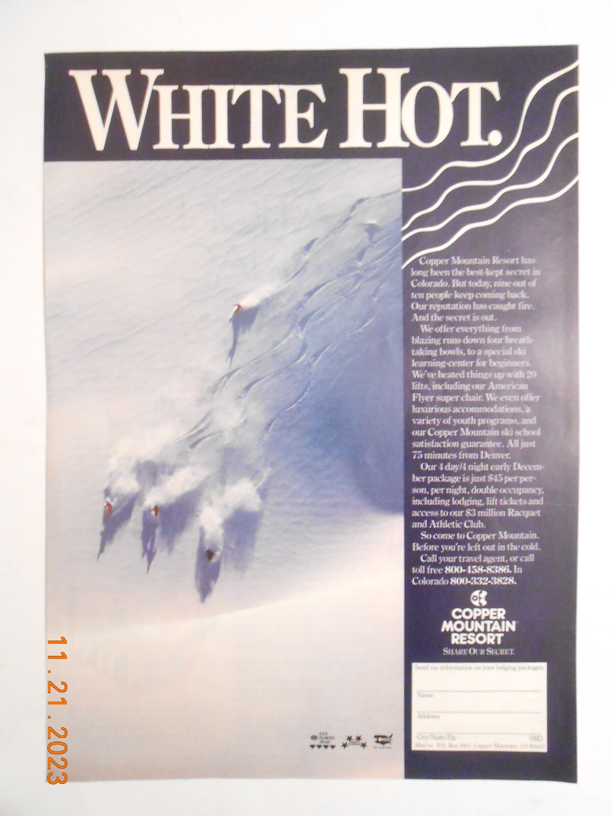 1987 Copper Mountain Ski Resort Colorado Downhill Skiing White Hot PRINT AD