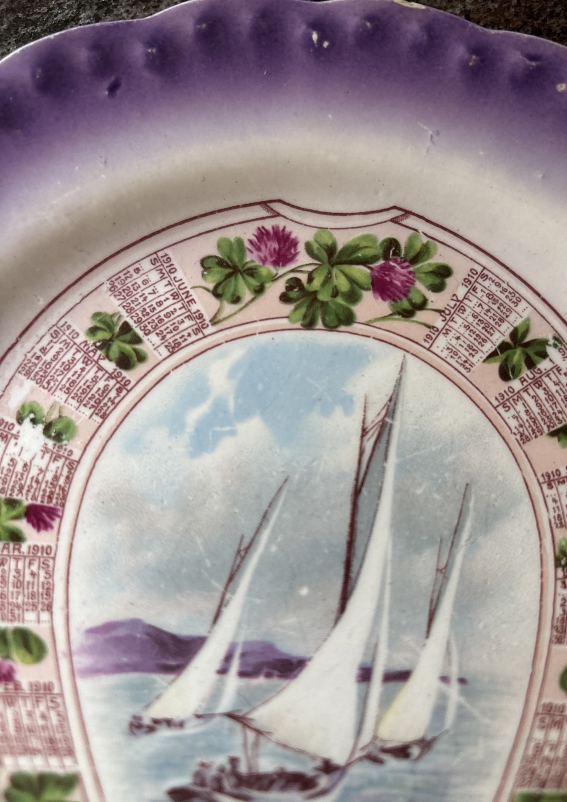 Vintage 1910 Calendar Plate Rhoads & Bro. Carnation McNicol Purple Horseshoe PA