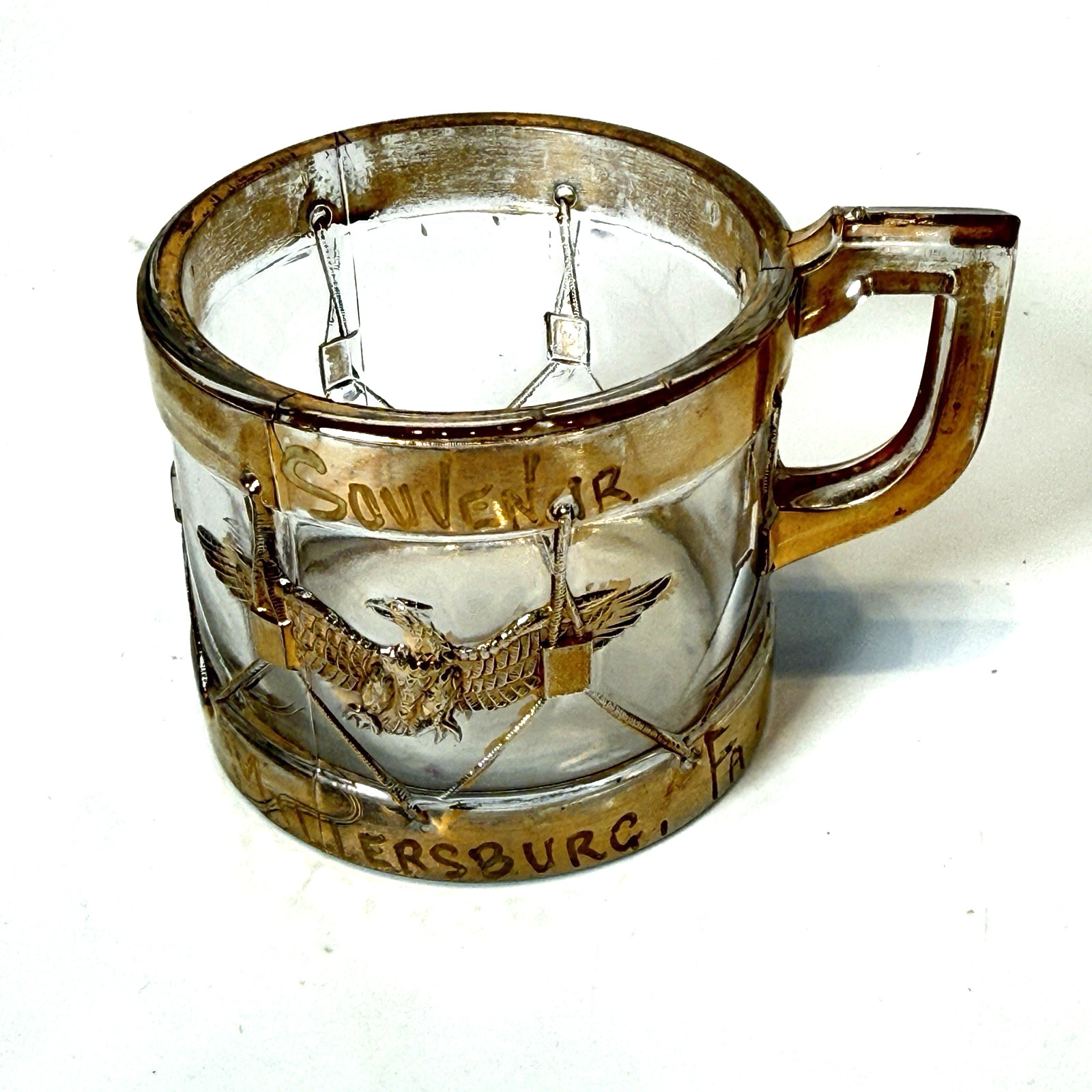 MILLERSBURG PA Antique DEPRESSION VICTORIAN EAGLE GOLD Glass Souvenir CUP