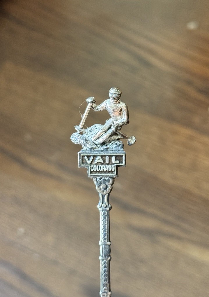 Vail Colorado Souvenir Spoon with Skier Topper, Collector Travel Keepsake