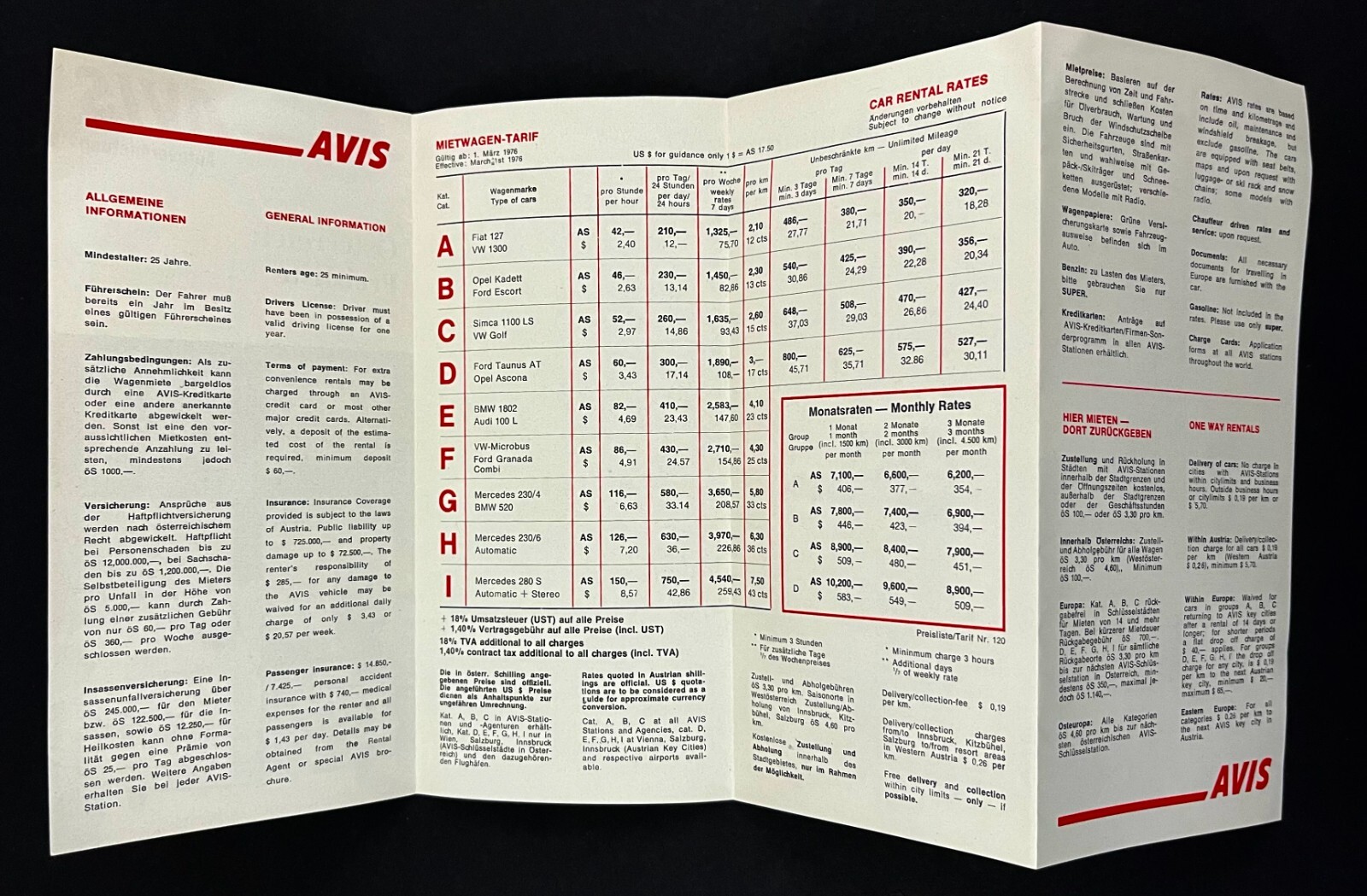 1976 Avis Auto Austria Osterreich Preisliste Vintage Travel German Text Brochure