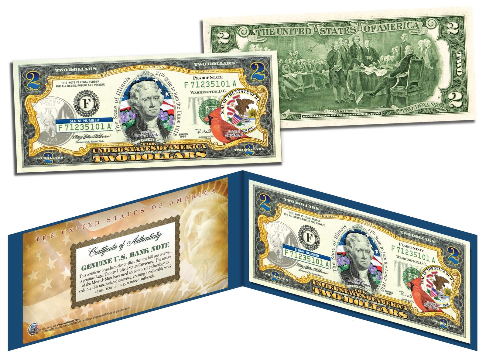 ILLINOIS $2 Statehood IL State Two-Dollar US Bill *Genuine Legal Tender* w/Folio