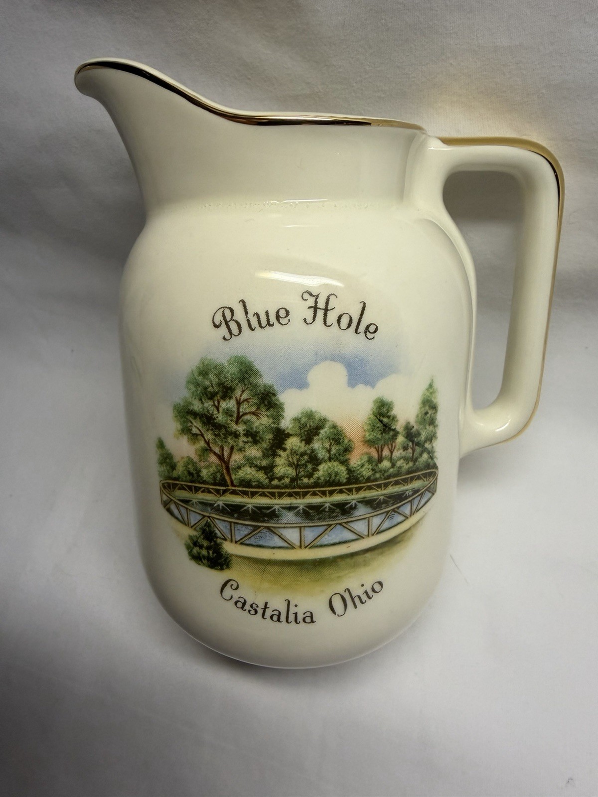 1950’s Blue Hole Castalia Ohio Near Sandusky Rare HTF Large Souvenir Pitcher