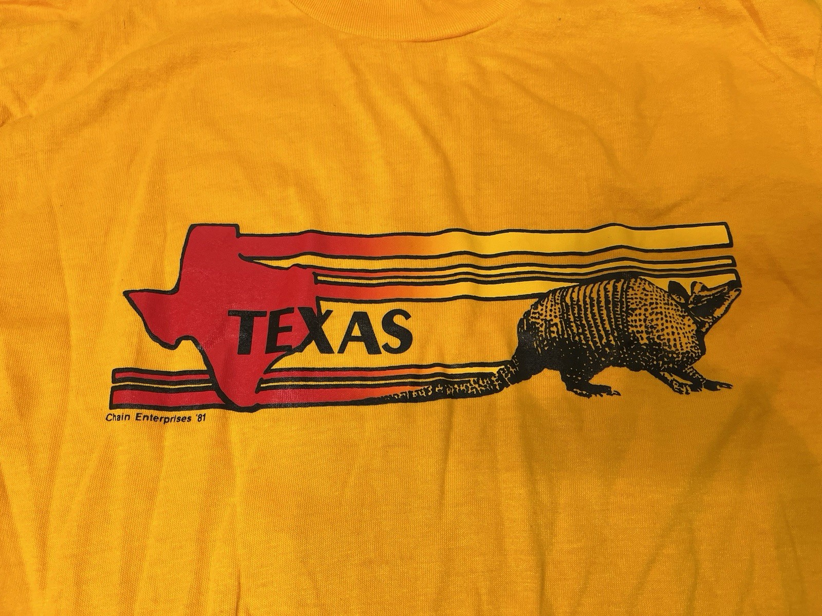Vintage 80’s Hanes State Of Texas Armadillo Single Stitch T-Shirt Size L Yellow