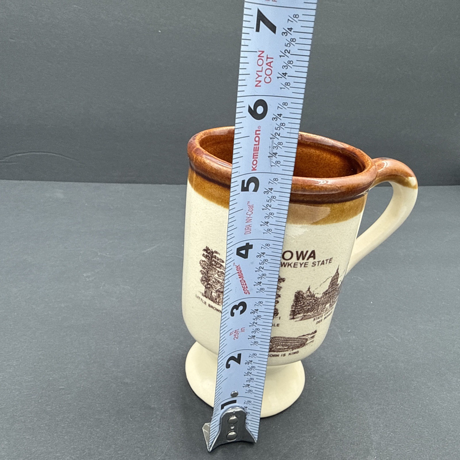 Vtg Iowa Souvenir Footed Coffee Mug Cup The Hawkeye State Brown Scenic