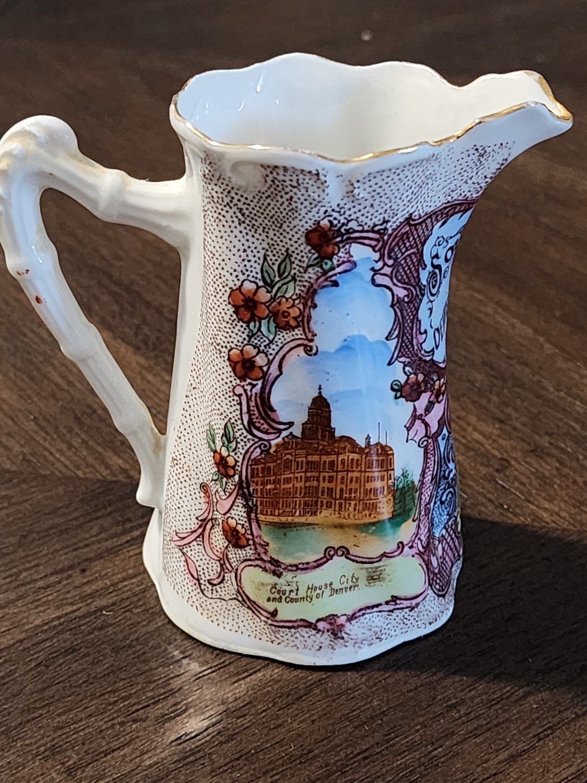 Porcelain Creamer Souvenir of Denver, COLORADO – State Capitol + Court House 4″
