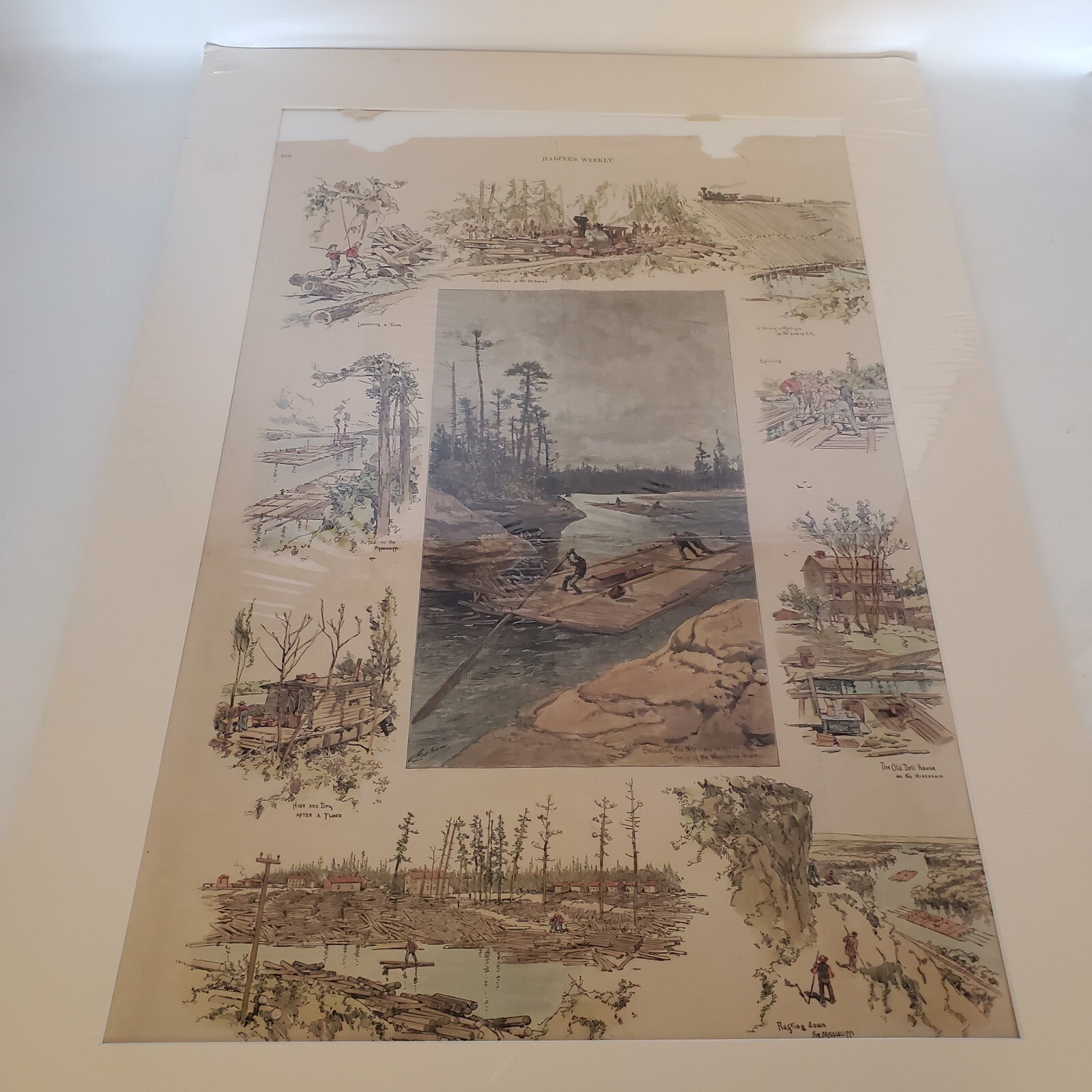 Harpers Weekly Early Wisconsin Dells Logging Poster (Circa 1870s, Wisconsin)